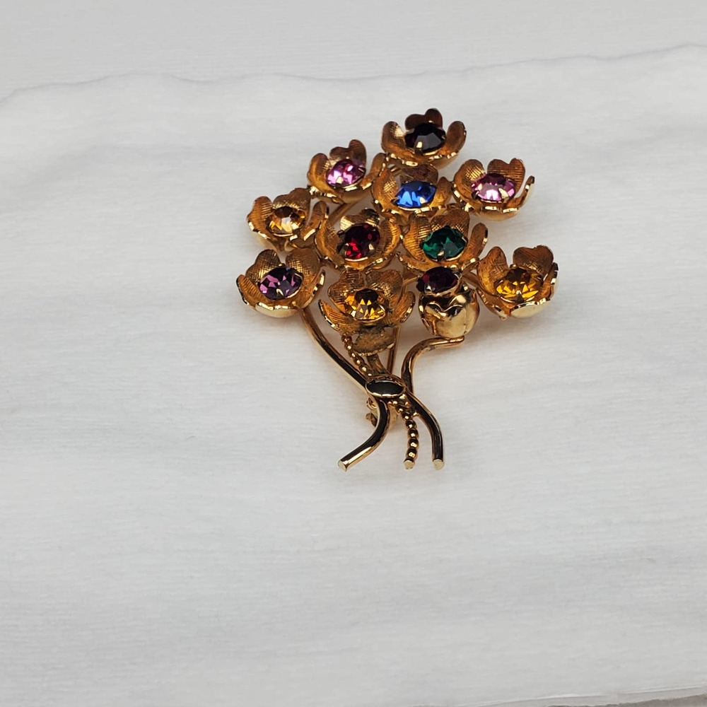 Vintage 12k Gold Fill Colorful Rhinestone Floral Bouquet Brooch - Picture 2 of 11